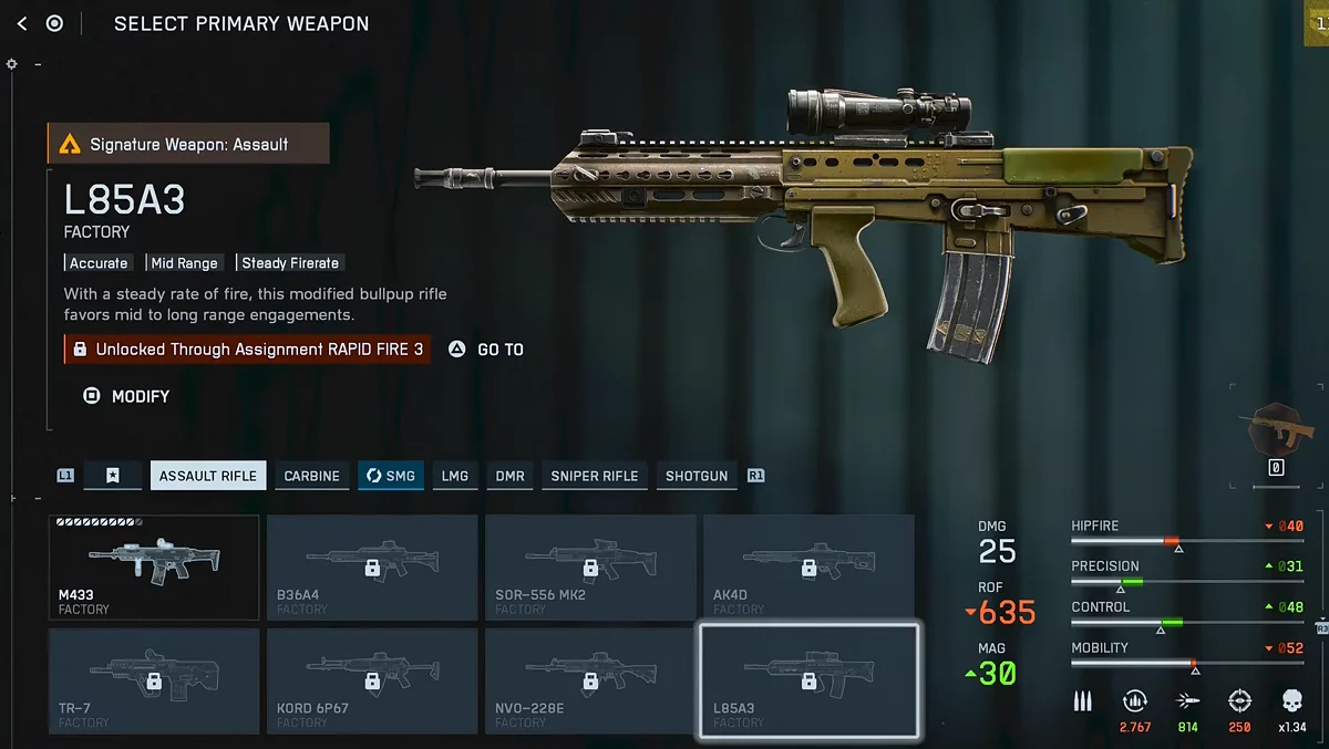 Штурмовая винтовка L85A3 в Battlefield 6 через испытание Rapid Fire 3
