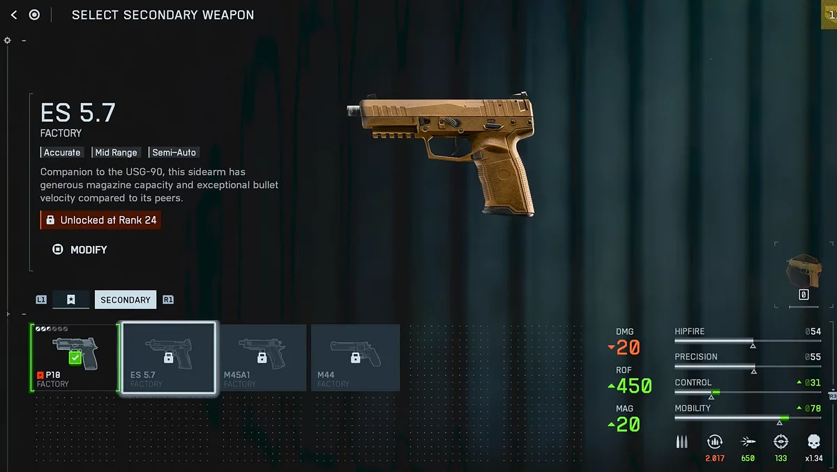Пистолет ES 5.7 в Battlefield 6 - разблокировка на 24 ранге