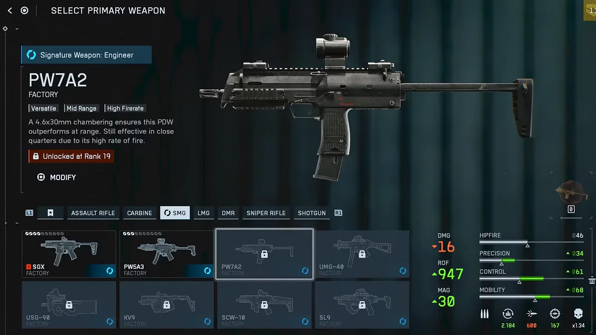Пистолет-пулемет PW7A2 в Battlefield 6 с максимальной скорострельностью 947