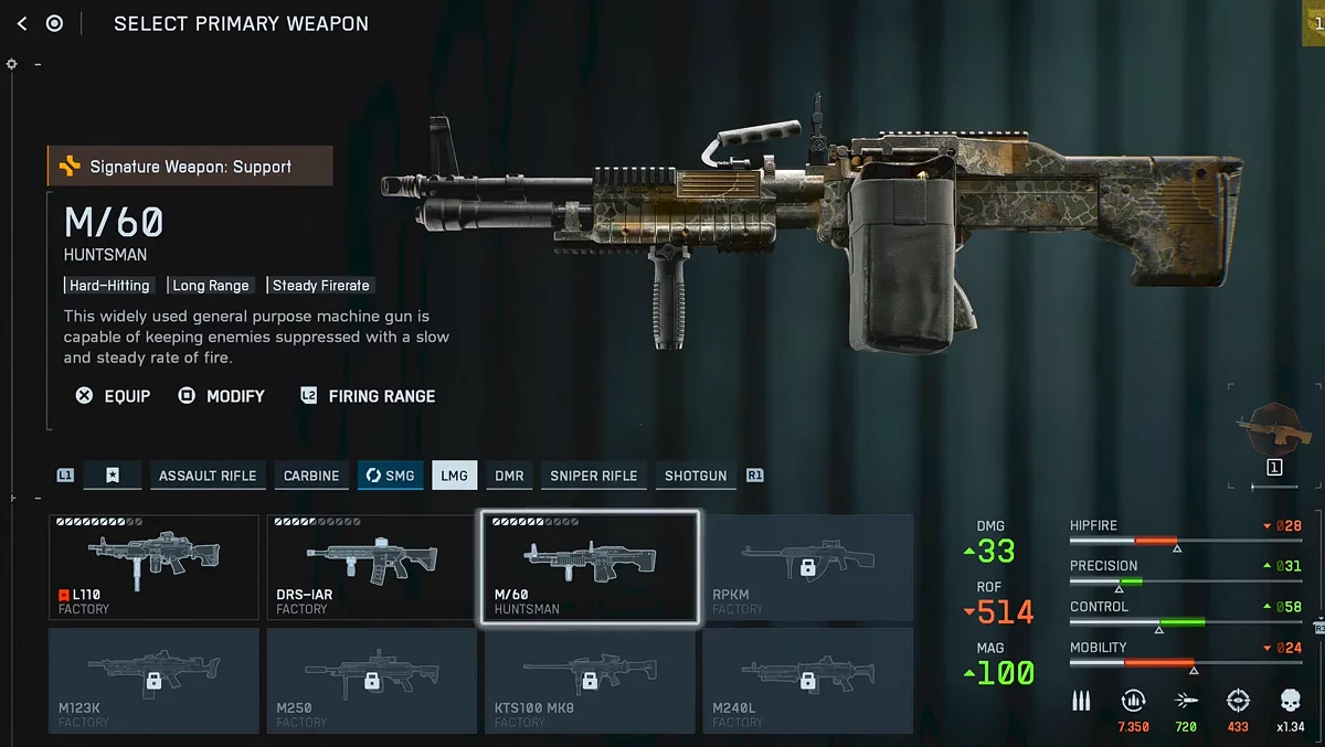 Ручной пулемет M/60 в Battlefield 6 с уроном 33