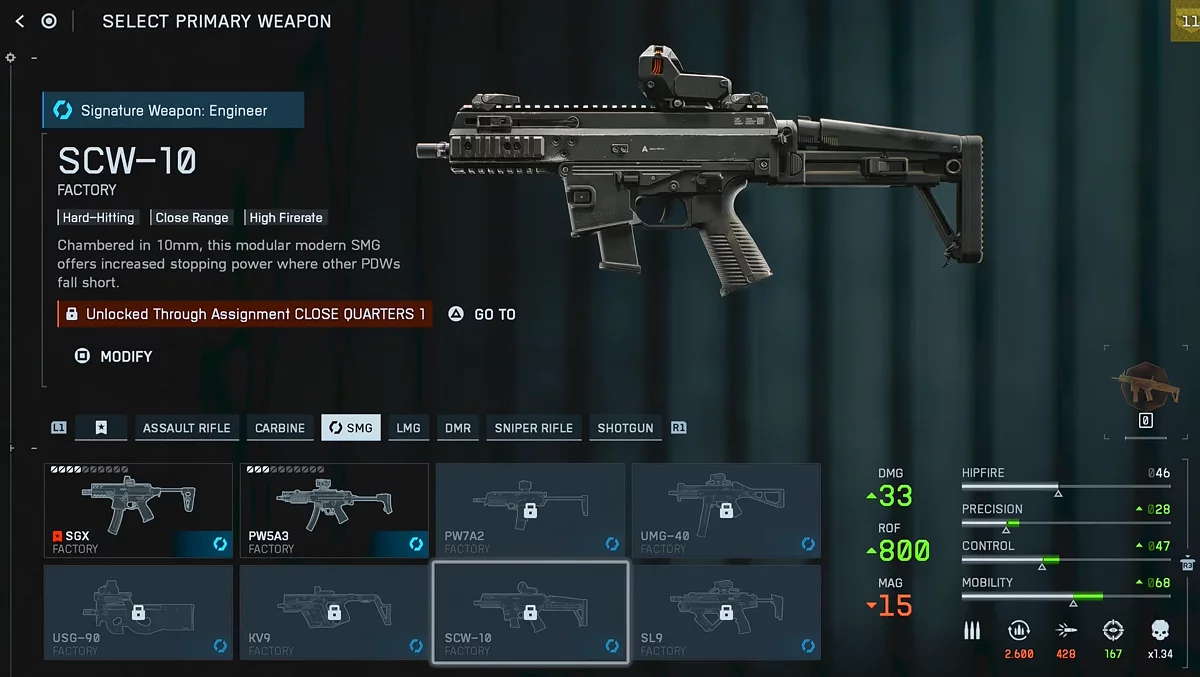 Пистолет-пулемет SCW-10 в Battlefield 6 через испытание Close Quarters