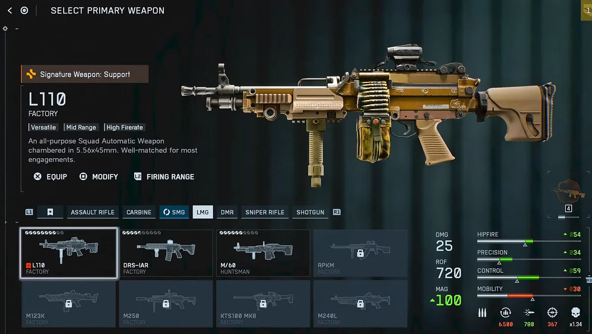 Ручной пулемет L110 в Battlefield 6 с магазином на 100 патронов