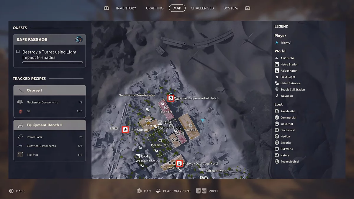 Расположение рейдерского люка на карте ARC Raiders со стрелкой вниз