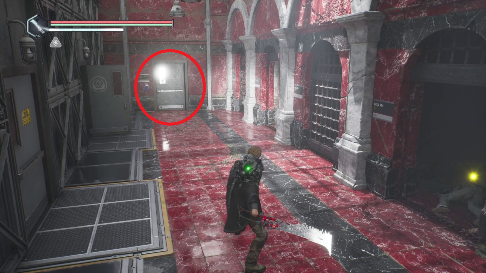 Красный коридор с дверью по ключ-карте