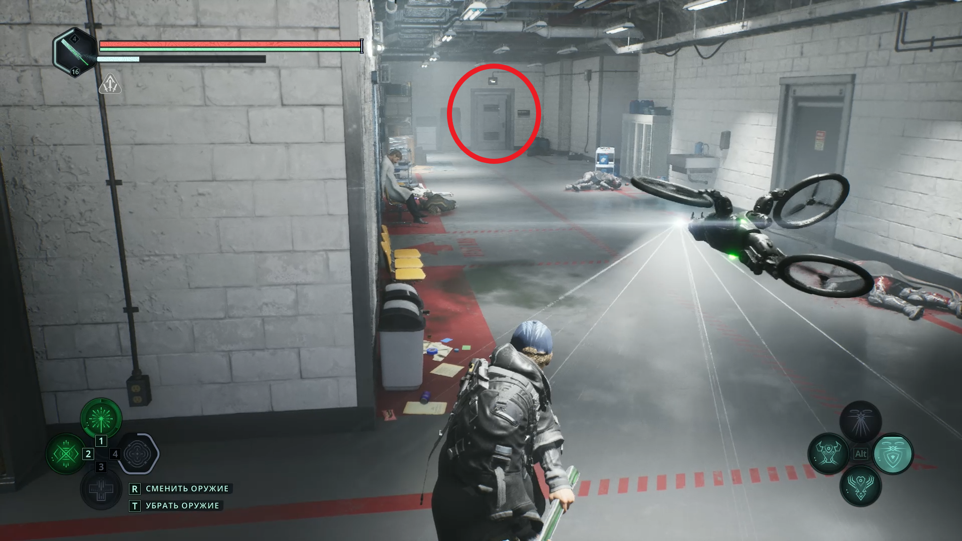 Поворот налево к дальней двери