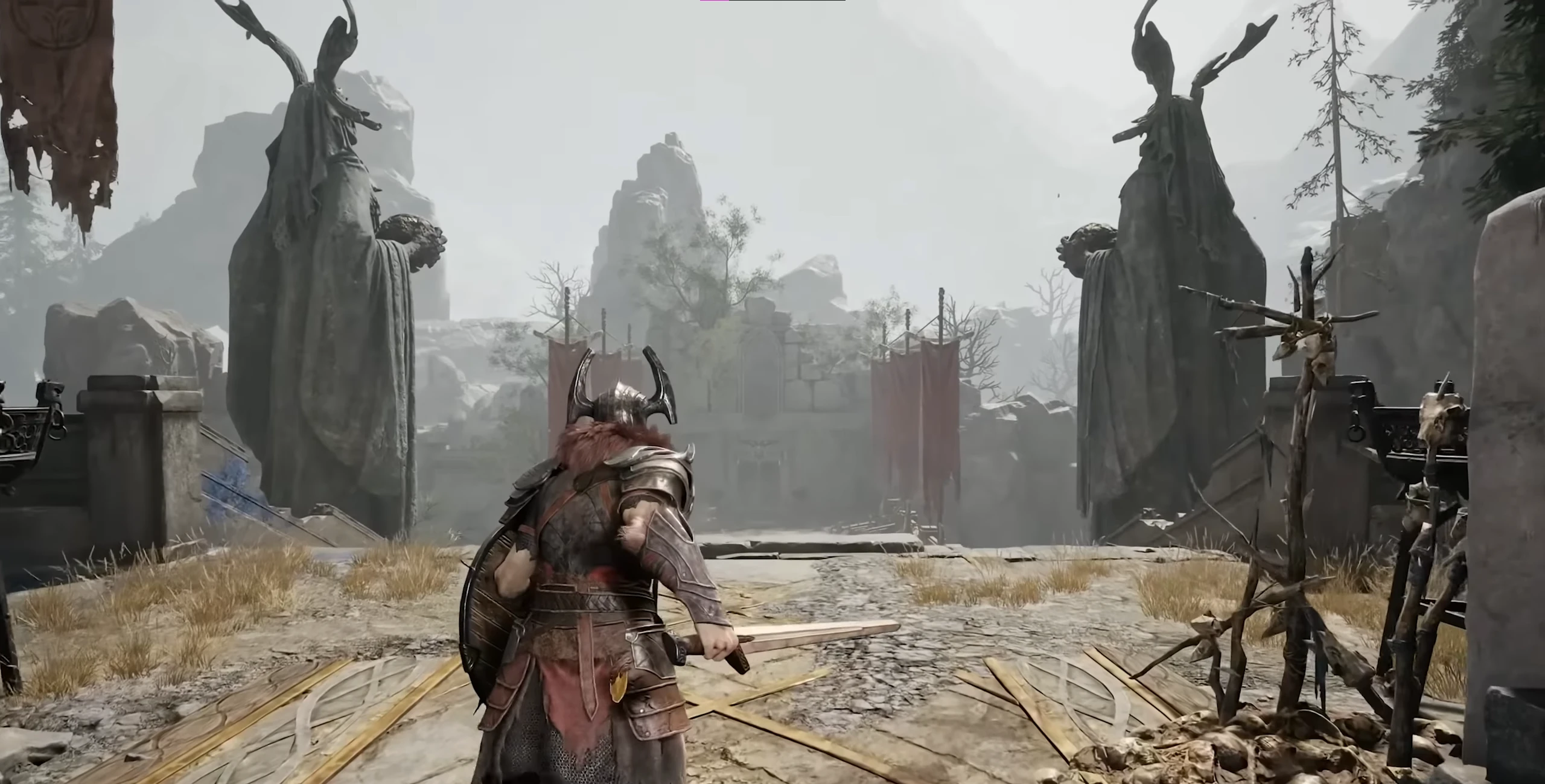 Наемник в Mistfall Hunter с мечом и щитом отражает удар противника