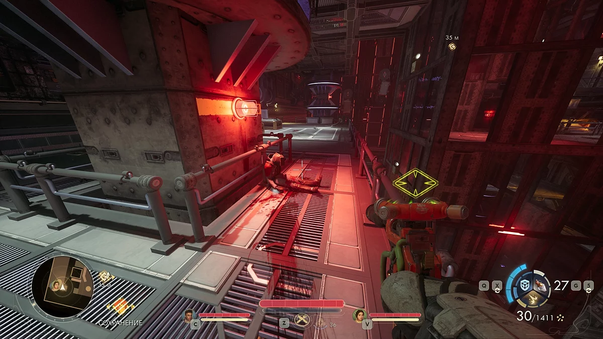 Третий оружейный пропуск у колонны с красным фонарём на третьем уровне