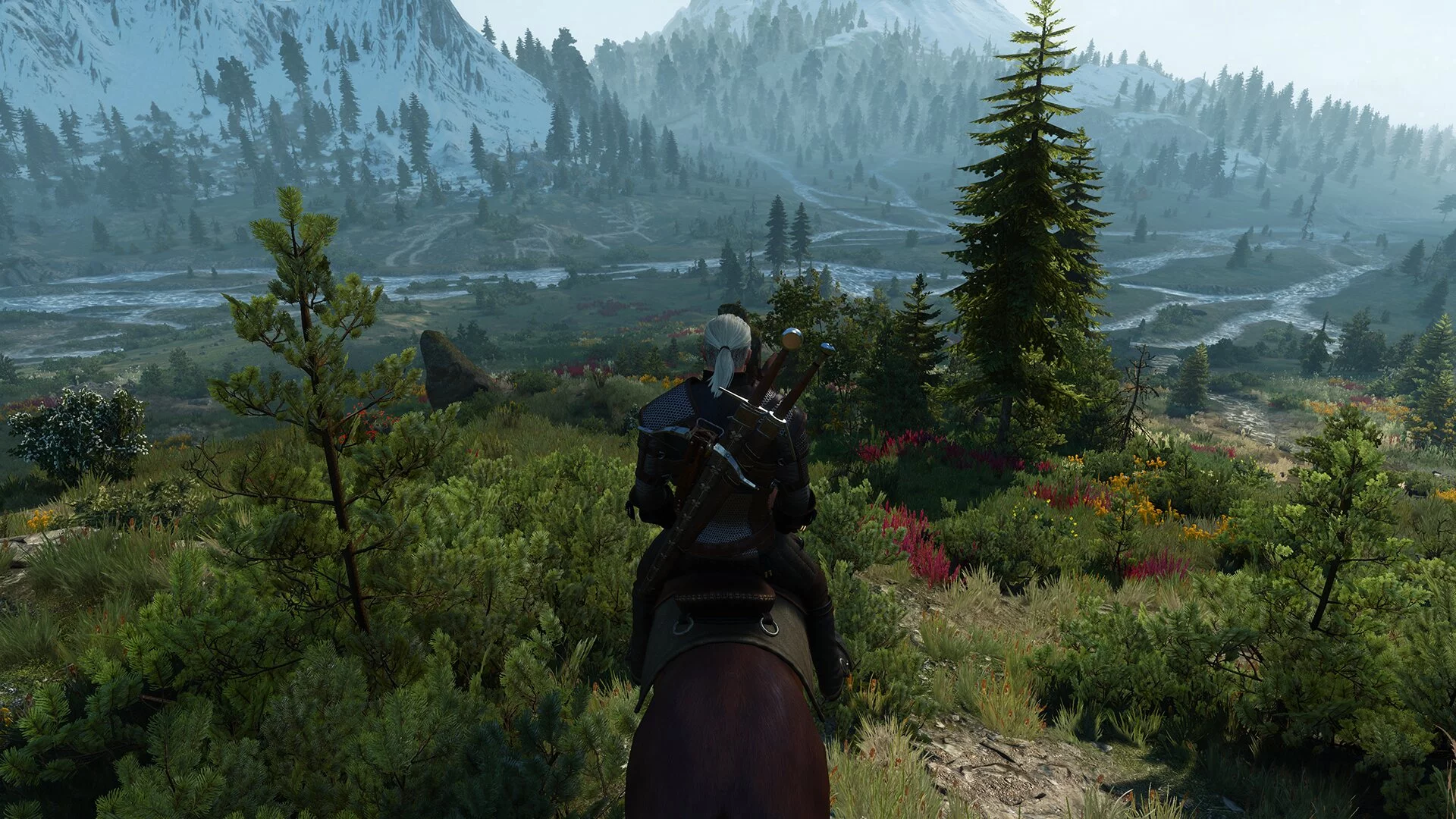 Сравнение детализации листвы и веток деревьев в The Witcher 3 при увеличении FoliageDistanceScale