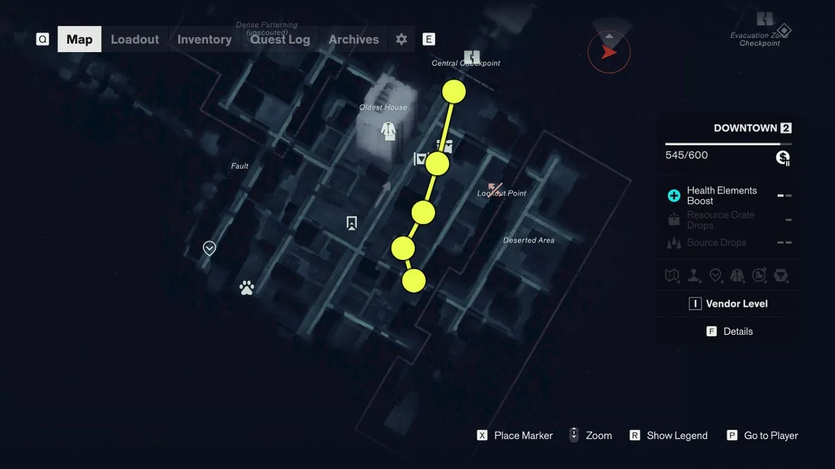 Размеченная карта Control Resonant с маршрутом энергоядер до лифтов аванпоста Центр