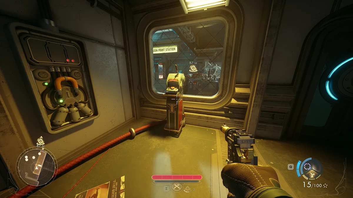 Главные ворота исследовательской станции с дронами и турелями в The Outer Worlds 2