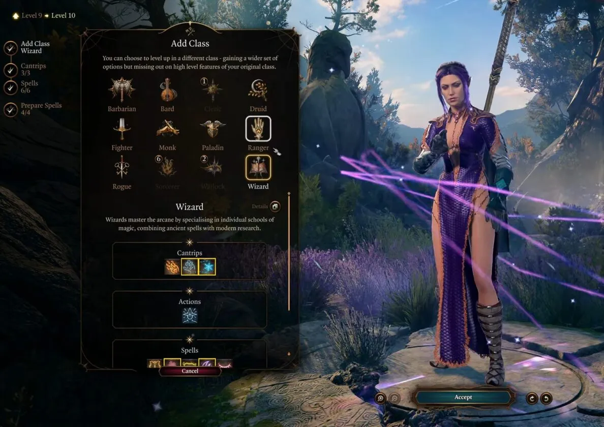 Добавление класса Волшебник на 10 уровне в Baldur's Gate 3