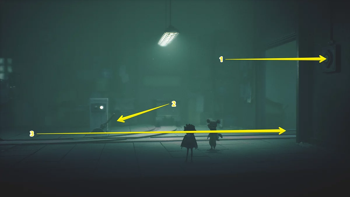 Вагонетка на рельсах перед трубой с конфетами в Little Nightmares 3