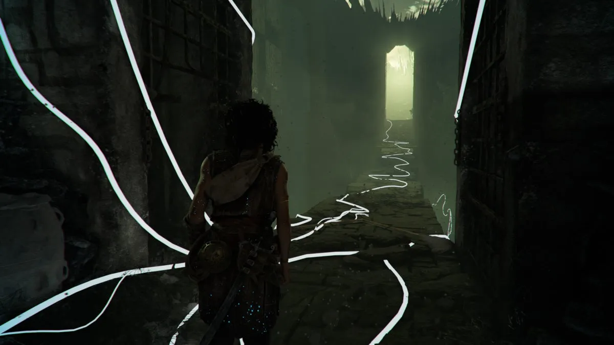 София рядом с белыми верёвочными тропами в Resonance: A Plague Tale Legacy