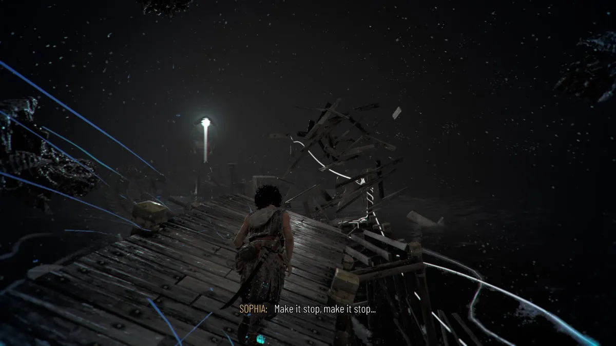 София бежит по деревянному настилу к свету в Resonance: A Plague Tale Legacy