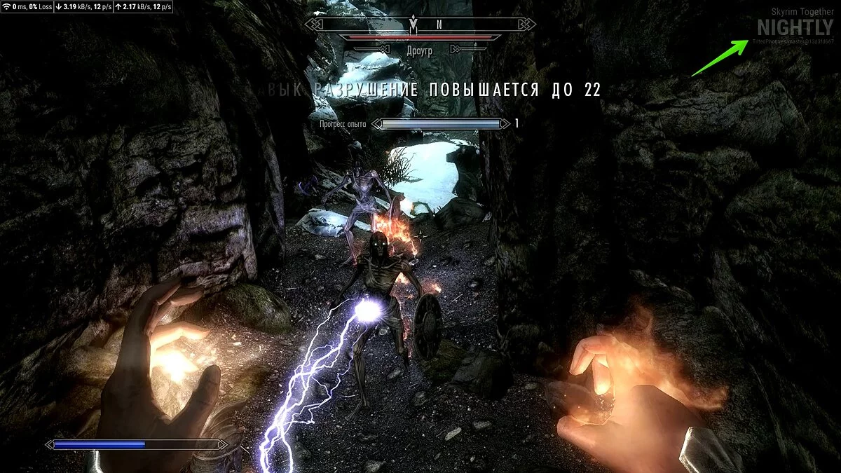 Водяной знак Skyrim Together в правом верхнем углу экрана