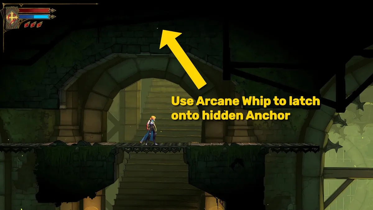Место секрета в Sewer Reservoir в Castlevania: Belmont's Curse: жёлтая стрелка указывает вверх, на скрытый якорь, по которому Роуз должна ударить кнутом
