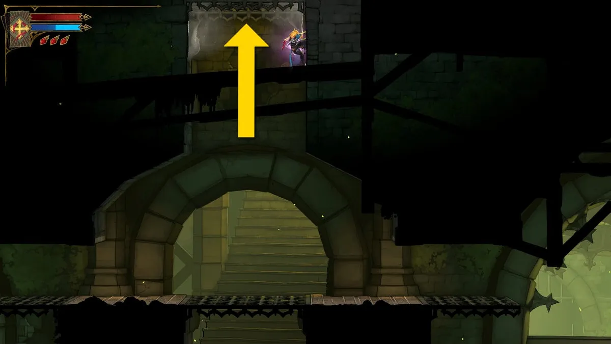 Роуз висит на скрытом якоре в Sewer Reservoir в Castlevania: Belmont's Curse, жёлтая стрелка указывает вверх