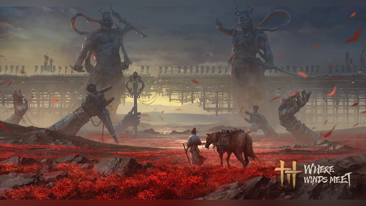 Герой на лошади в Where Winds Meet путешествует по живописным локациям игры