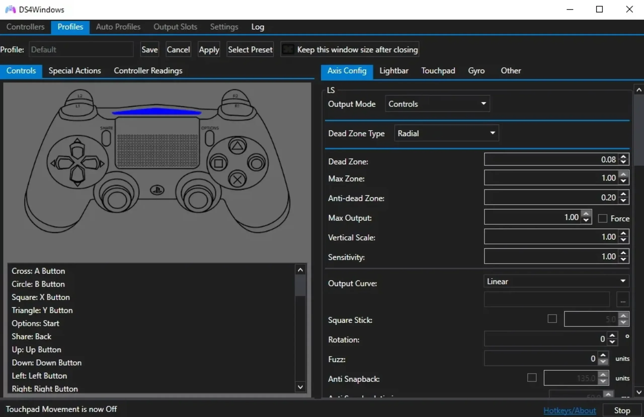 Окно настройки в DS4Windows