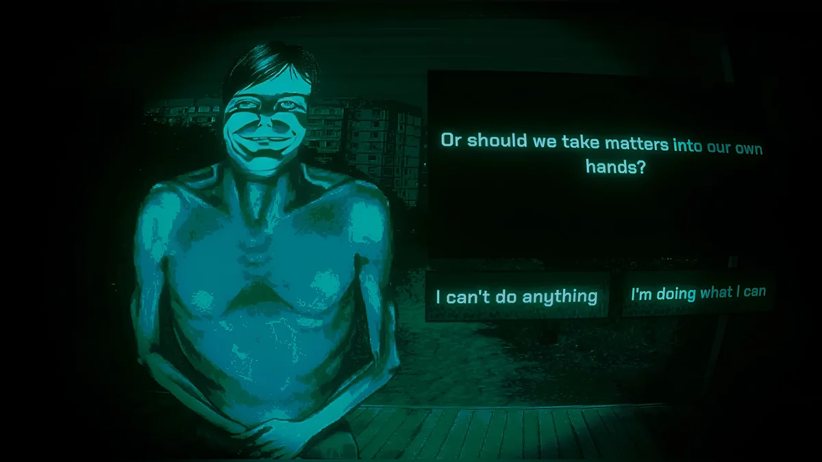 Внешний вид Бледного гостя в игре No, I'm not a Human - бледный мужчина с обнаженным торсом и зловещей улыбкой