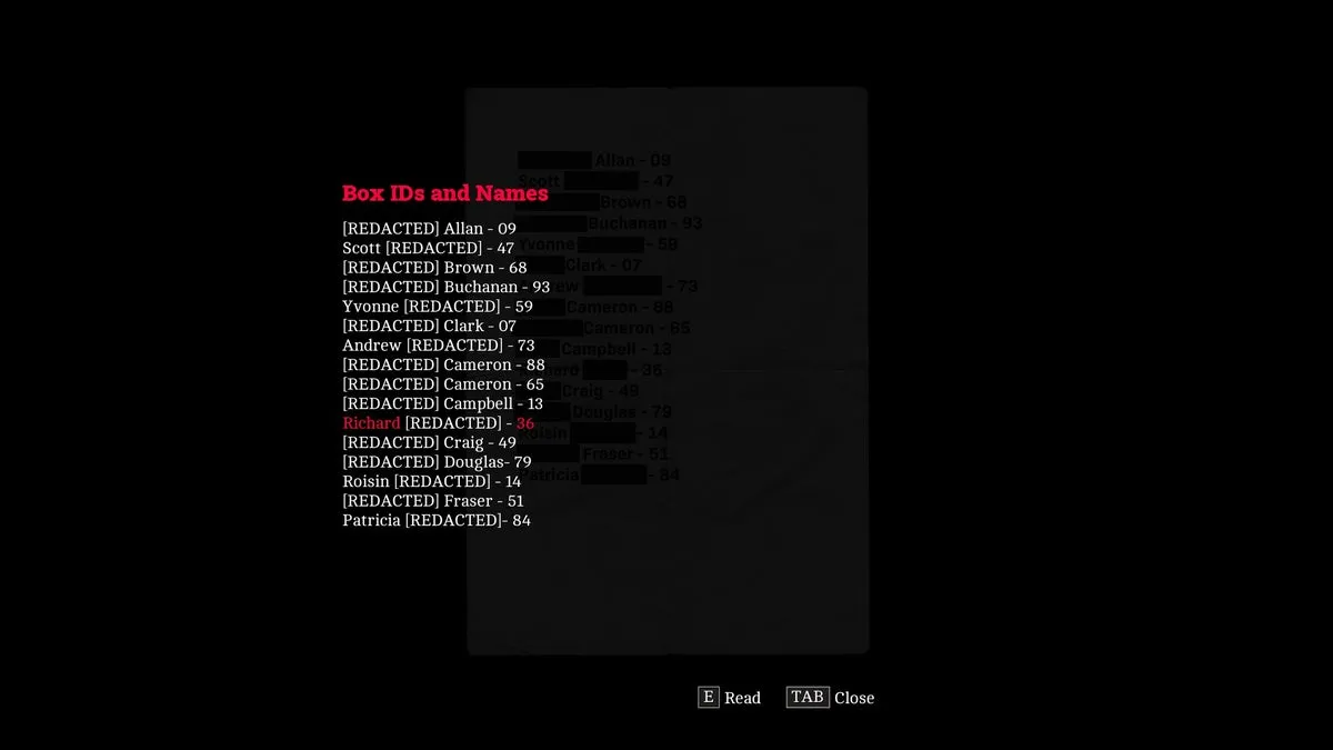 Документ Box IDs and Names с идентификаторами ящиков в Silent Hill: Townfall