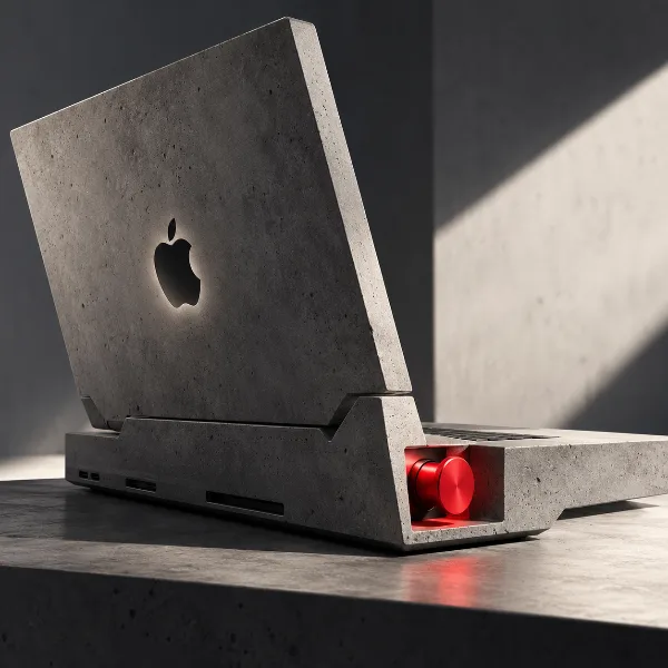 Обложка MacBook Brutal: концепт ноутбука Apple в стиле брутализма с красной кнопкой-«станком»