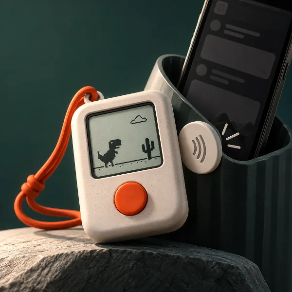 Обложка Dinoboy: карманная консоль с одной кнопкой для игры про динозавра из Chrome и NFC-меткой против думскроллинга