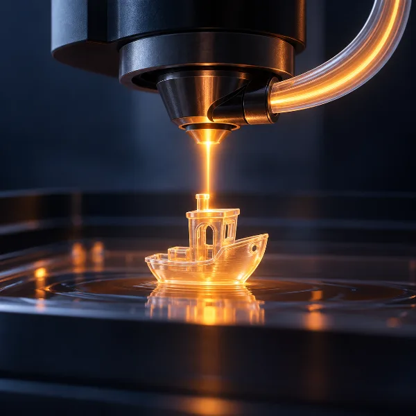 Обложка RepRapMicron печатает крошечный Benchy из смолы с помощью оптоволокна