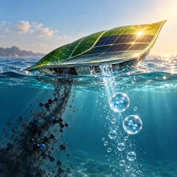 Обложка Искусственный лист на солнечной энергии получает водород из морской воды и очищает её от гидразина