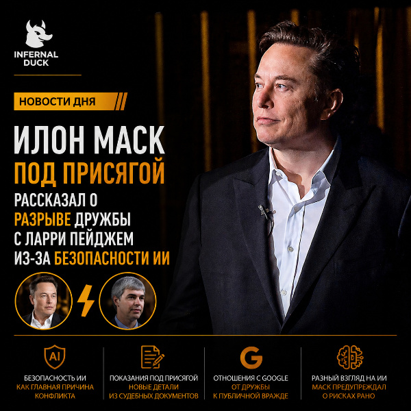Обложка Илон Маск под присягой рассказал о разрыве дружбы с Ларри Пейджем из-за безопасности ИИ