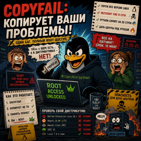 Обложка Уязвимость CopyFail угрожает почти всем версиям Linux: опубликован эксплоит