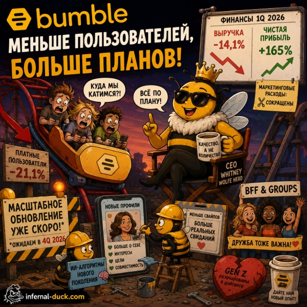 Обложка Bumble теряет платящих пользователей, делая ставку на ИИ-революцию и отказ от "свайпов"