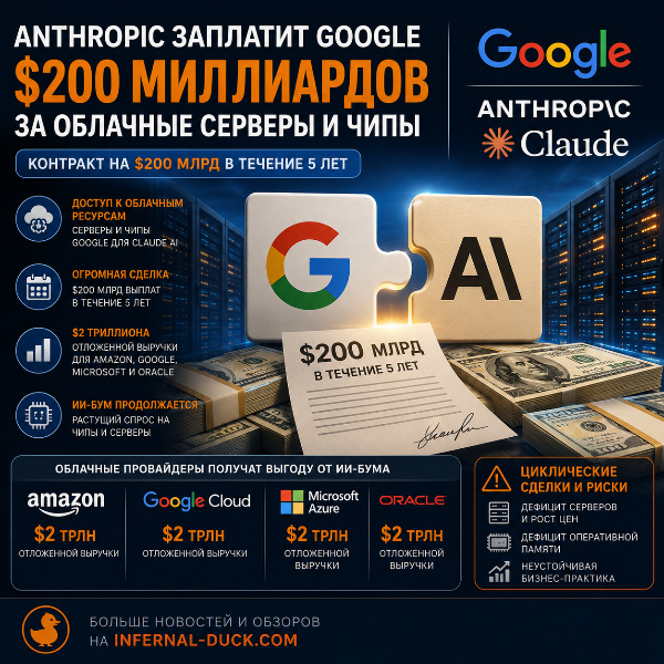 Обложка Anthropic заплатит Google $200 млрд за облачные серверы и чипы в рамках пятилетнего соглашения