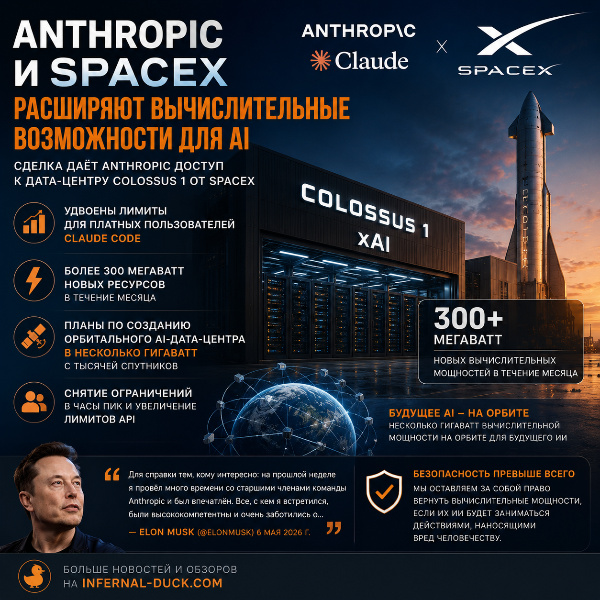 Обложка Anthropic и SpaceX заключили сделку по использованию дата-центра Colossus 1