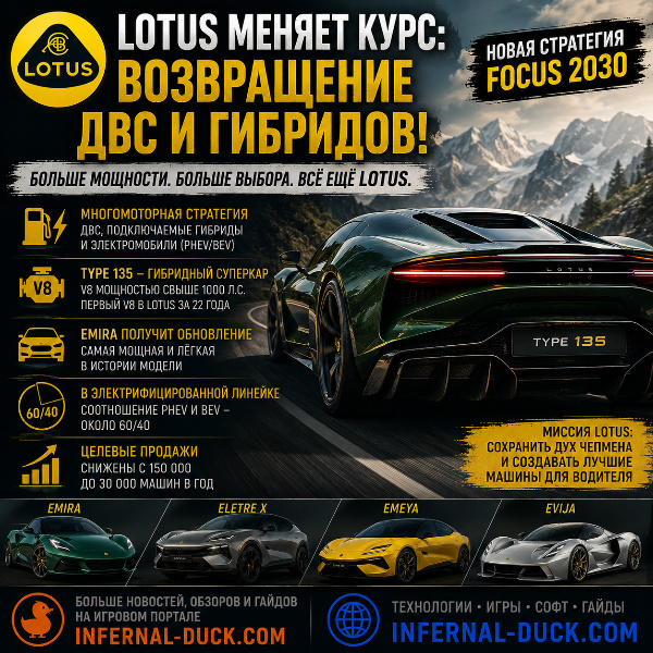 Обложка Lotus отказывается от планов стать чисто электрическим брендом и возвращает двигатели внутреннего сгорания