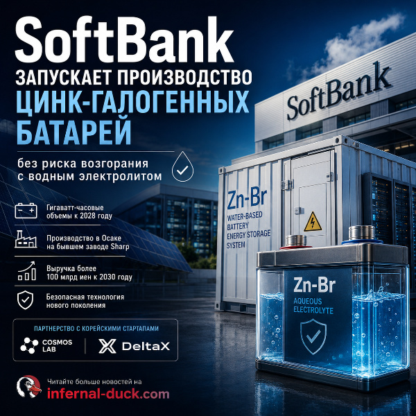 Обложка SoftBank начнет выпуск цинк-галогенных батарей на бывшем заводе Sharp в Осаке