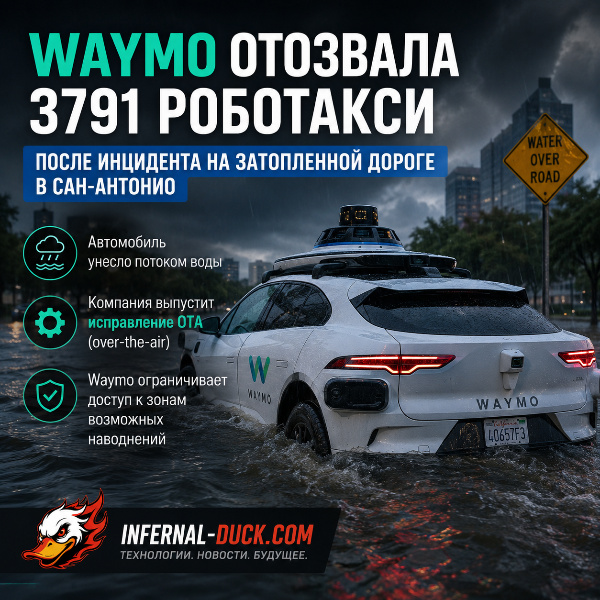Обложка Компания Waymo отзывает 3791 роботакси после инцидента с затопленной дорогой