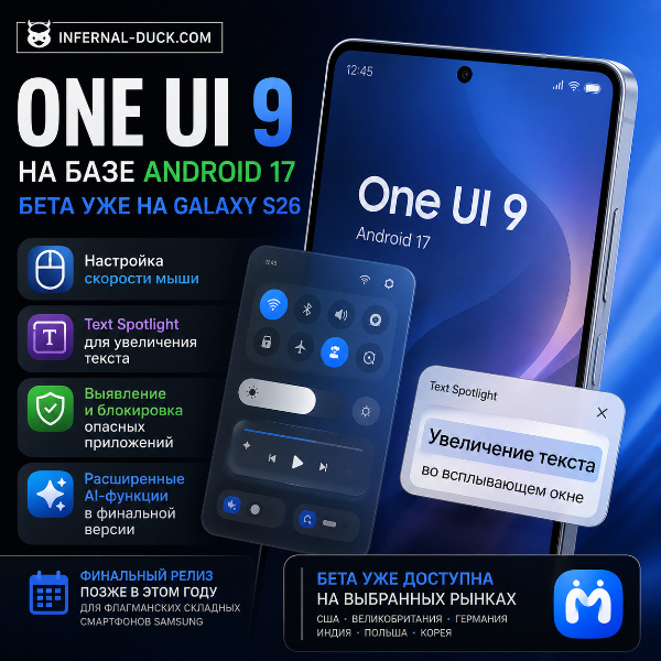 Обложка Начинается бета-тестирование One UI 9 на Android 17: что нового в прошивке Samsung