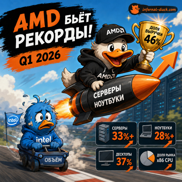 Обложка AMD увеличила долю рынка x86 CPU в первом квартале 2026 года: доход от серверных процессоров приблизился к 50%