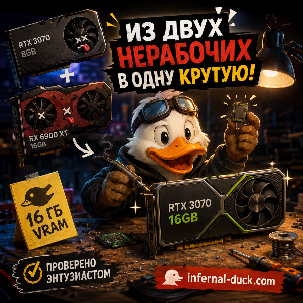 Обложка Моддер объединил неисправные RTX 3070 и RX 6900 XT: получилась видеокарта с 16 ГБ памяти