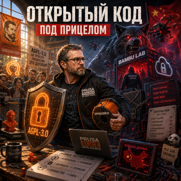 Обложка Prusa обвиняет Bambu Lab в нарушении лицензии AGPL-3.0 и предупреждает об угрозе безопасности