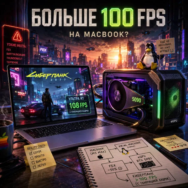 Обложка Apple M5 Max MacBook Pro с RTX 5090: eGPU-сборка для игр возможна, но с оговорками