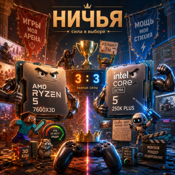 Обложка Сравнение Intel Core Ultra 5 250K Plus и AMD Ryzen 5 7600X3D: битва среднеценовых процессоров