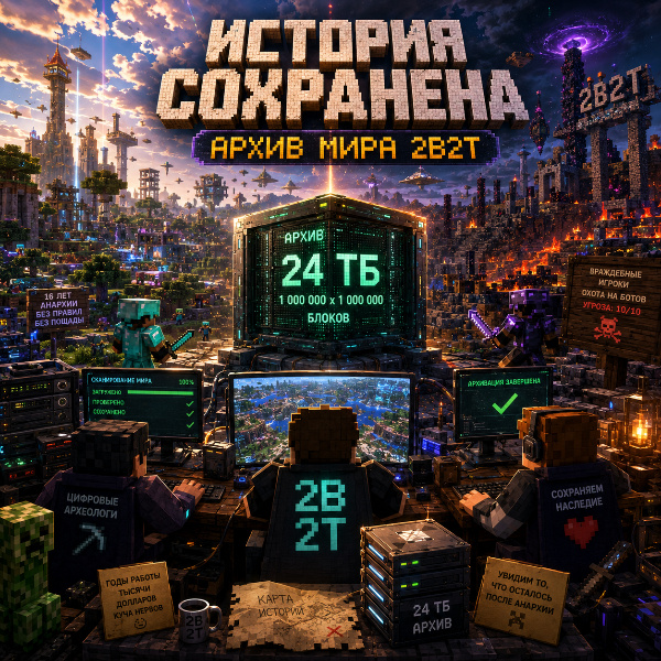 Обложка Энтузиасты Minecraft завершили архивацию 24 ТБ данных с легендарного анархического сервера 2b2t