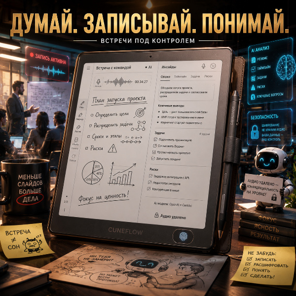 Обложка Cuneflow — e-ink планшет с AI-расшифровкой совещаний