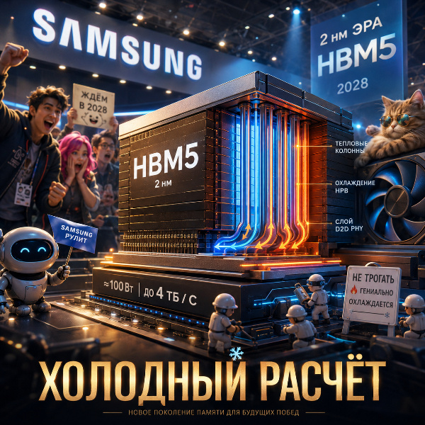 Обложка Samsung показала первый физический макет памяти HBM5 с инновационной системой охлаждения на выставке Computex 2026