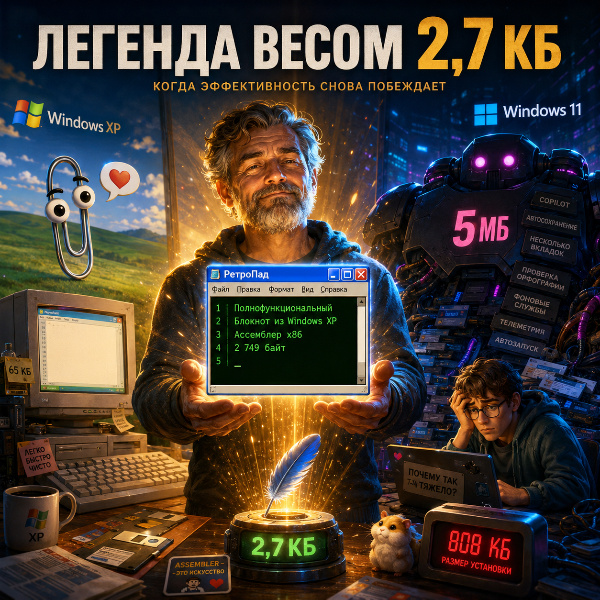 Обложка Блокнот размером в 2,7 КБ: легендарный разработчик представил RetroPad на ассемблере x86