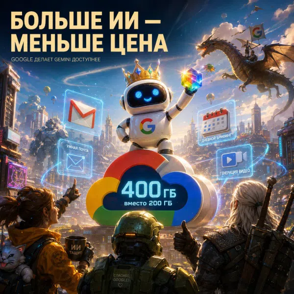 Обложка Google снижает стоимость подписки AI Plus до $5 в месяц и удваивает объем хранилища