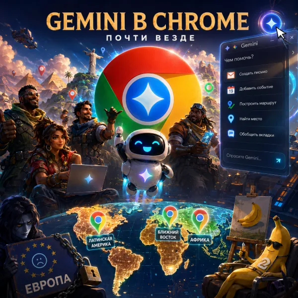 Обложка Gemini в Chrome расширяет географию: теперь доступен в Латинской Америке, на Ближнем Востоке и в Африке