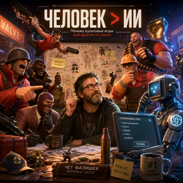 Обложка Чет Фалишек из Valve: ИИ никогда бы не придумал Team Fortress 2 (и слава богу)